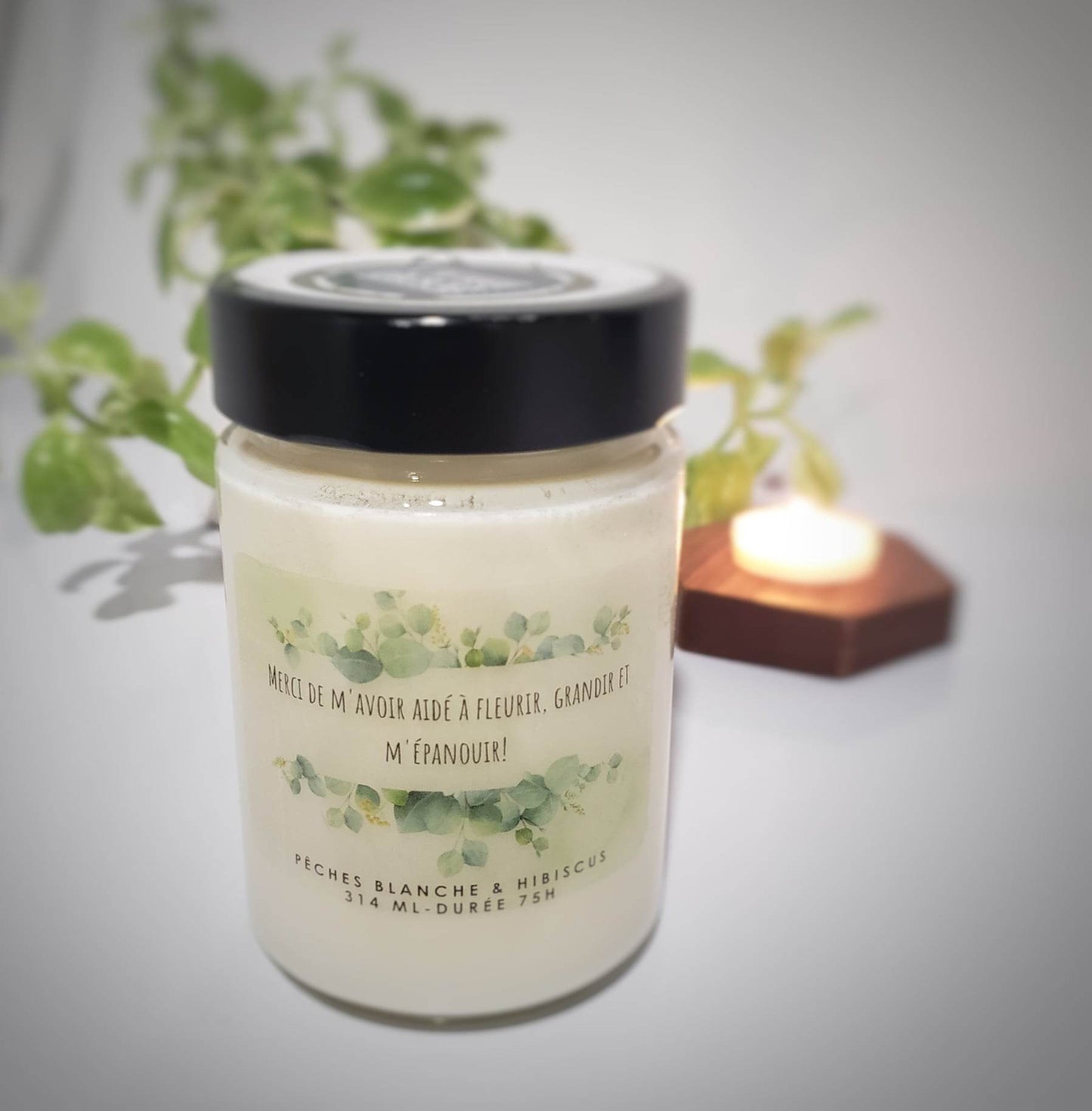 bougie avec petite pensée «Merci de m'avoir aidé à fleurir, grandir et m'épanouir»